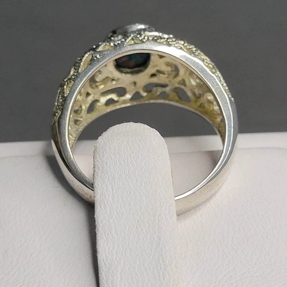 925 Silver Blue Opal Oval Shape Stone Fashion Dome Ring Filigree Size 8 1/2 - Picture 4 of 7